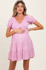 Light Pink Floral Smocked V-Neck Flutter Sleeve Maternity Dress