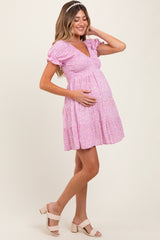 Light Pink Floral Smocked V-Neck Flutter Sleeve Maternity Dress
