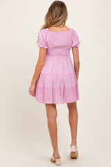 Light Pink Floral Smocked V-Neck Flutter Sleeve Maternity Dress