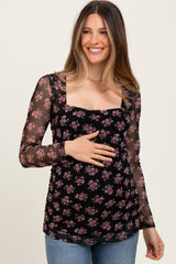 Black Square Neck Sheer Sleeve Maternity Floral Top