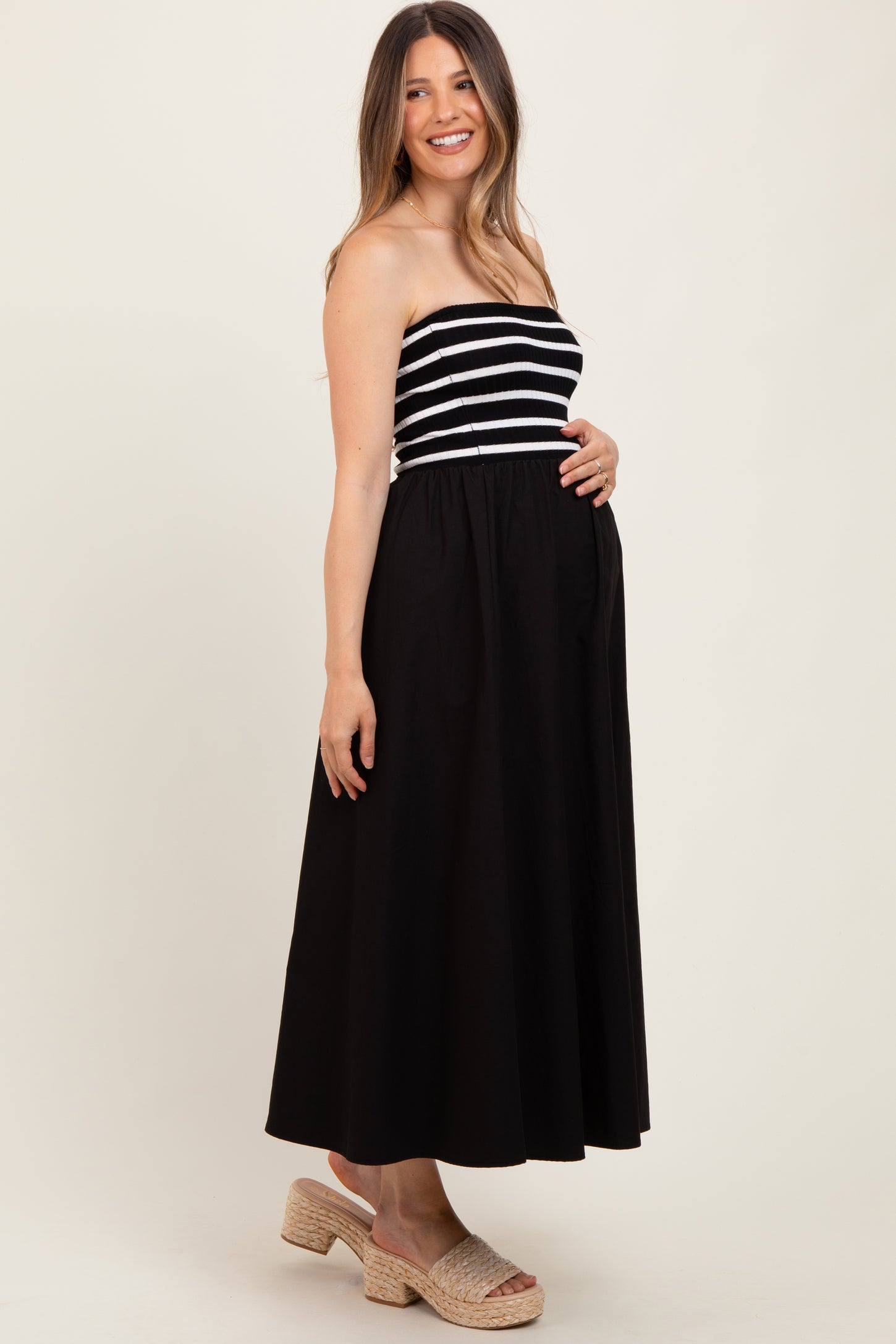 Black Striped Tube Knit Maternity Maxi Dress