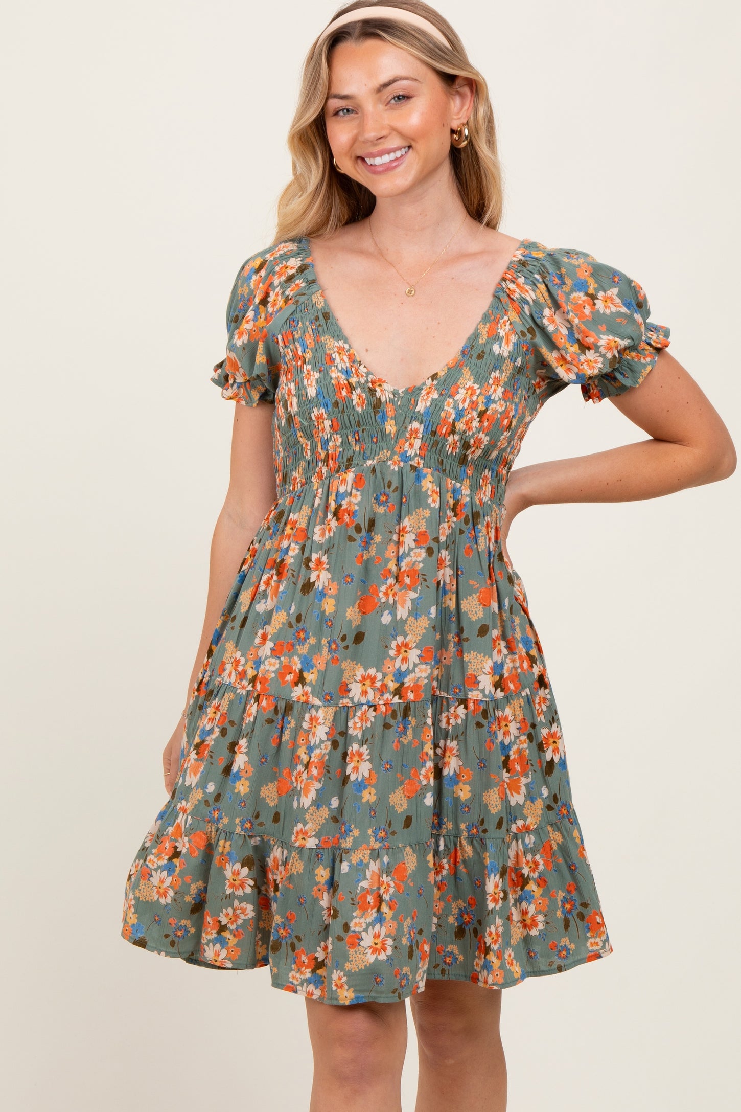 Olive Floral Smocked V-Neck Puff Sleeve Maternity Dress