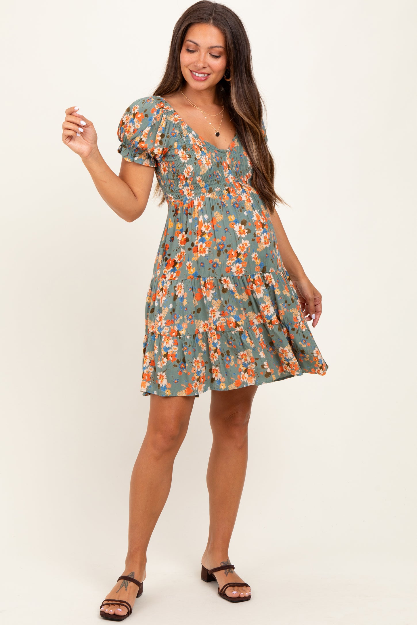 Olive Floral Smocked V-Neck Puff Sleeve Maternity Dress