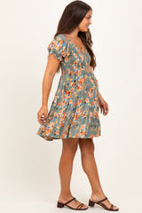 Olive Floral Smocked V-Neck Puff Sleeve Maternity Dress