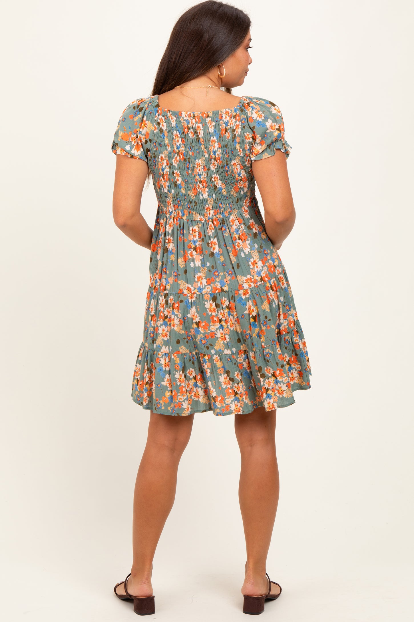 Olive Floral Smocked V-Neck Puff Sleeve Maternity Dress