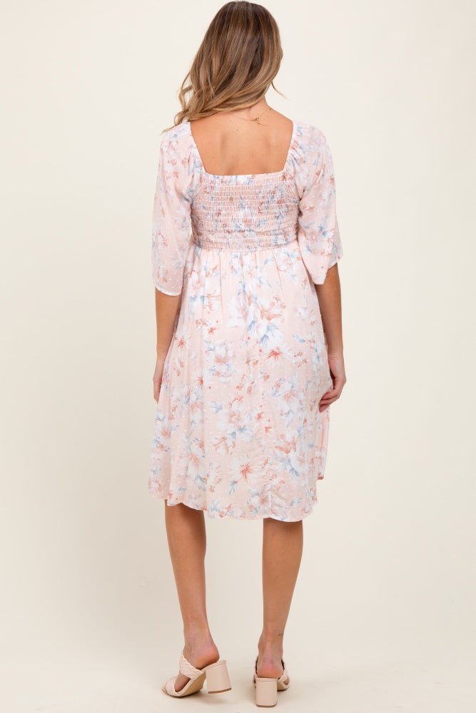 Peach Floral Smocked Maternity Midi Dress