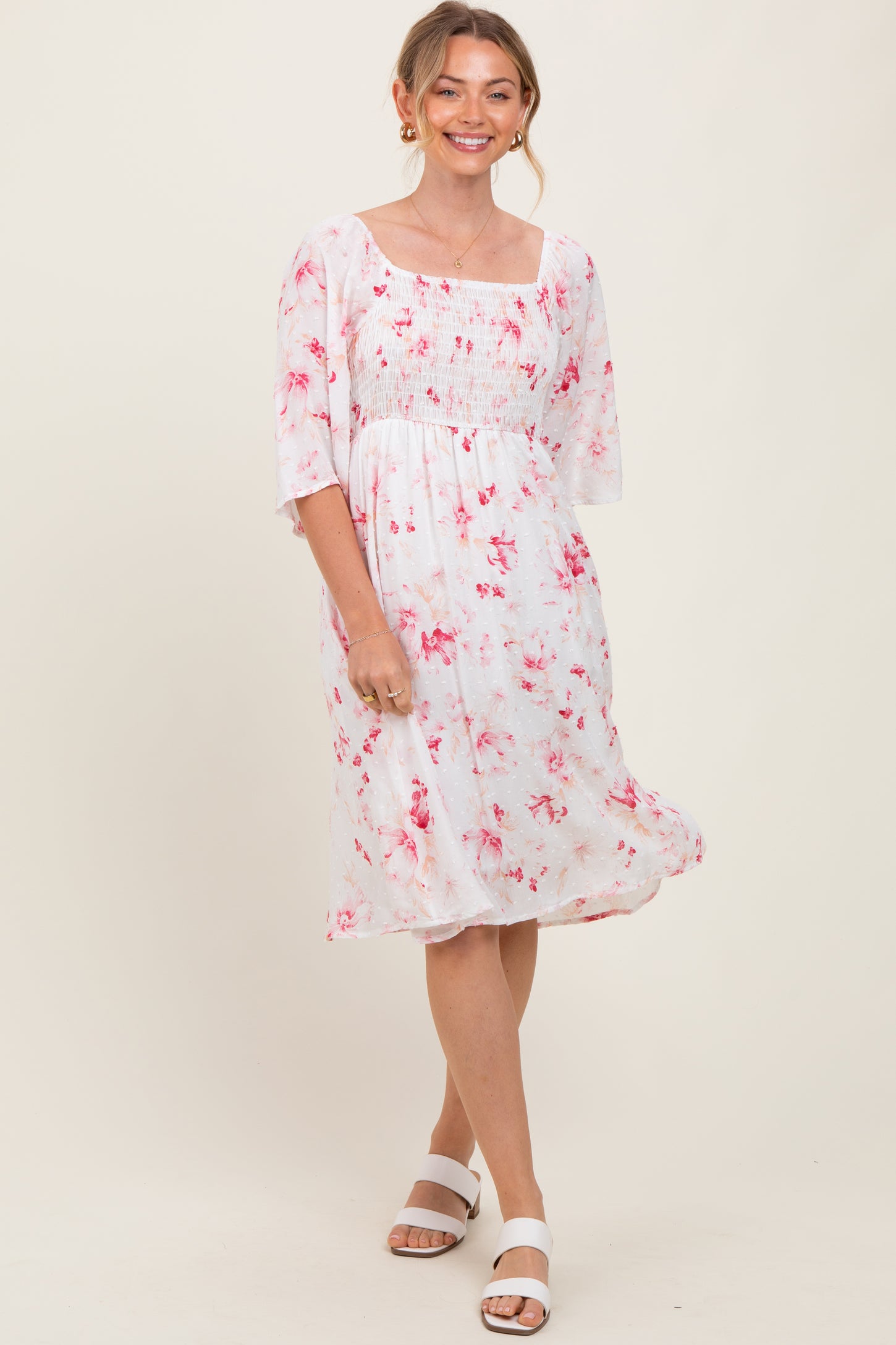 Pink Floral Smocked Midi Dress