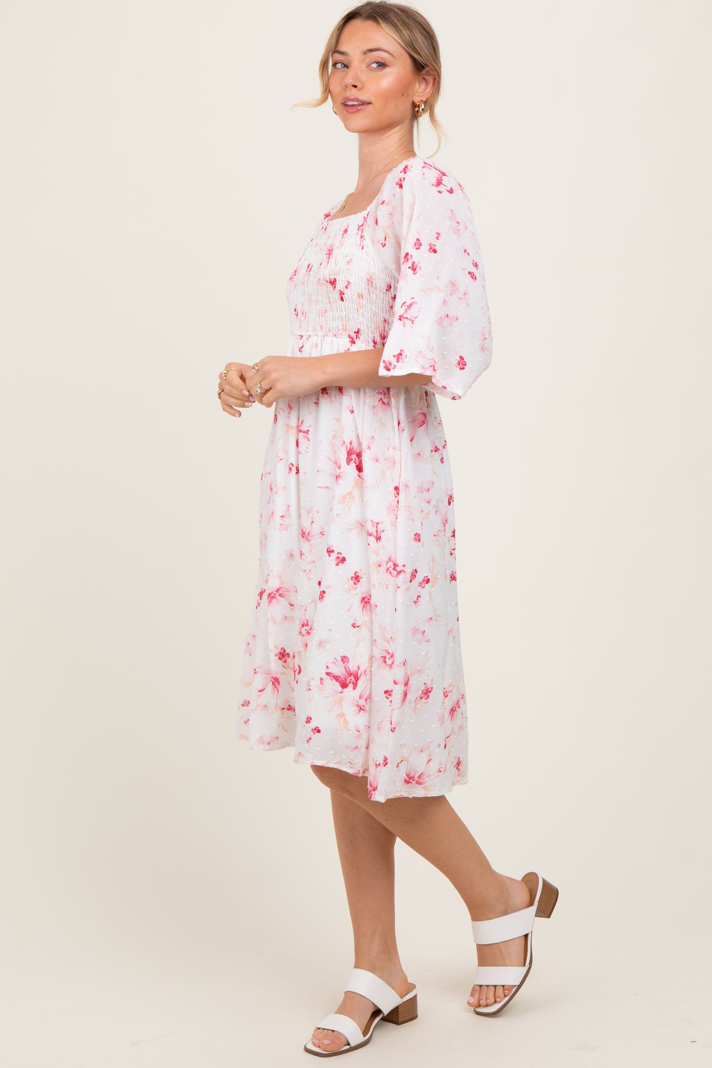 Pink Floral Smocked Midi Dress