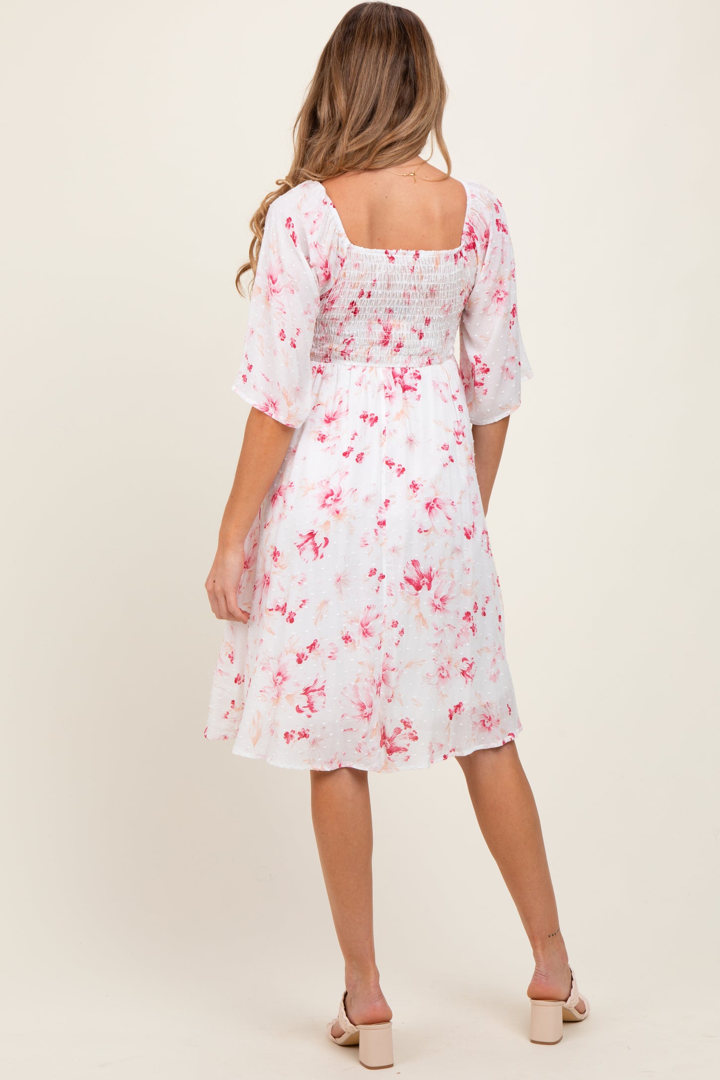 Pink Floral Smocked Maternity Midi Dress