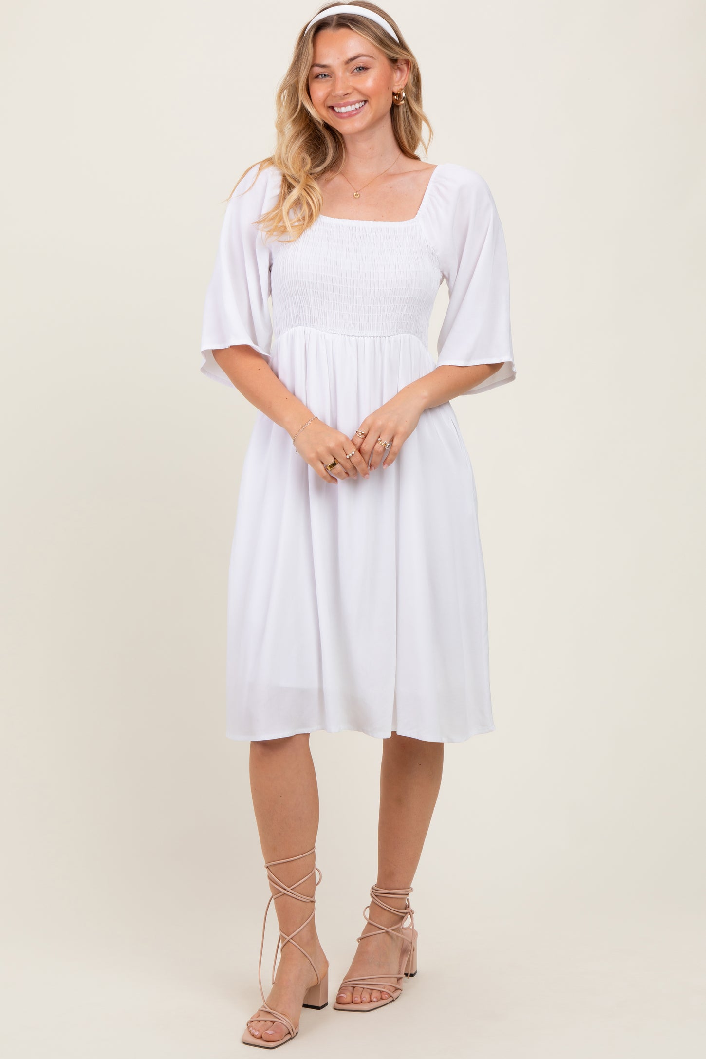 White Smocked Midi Dress