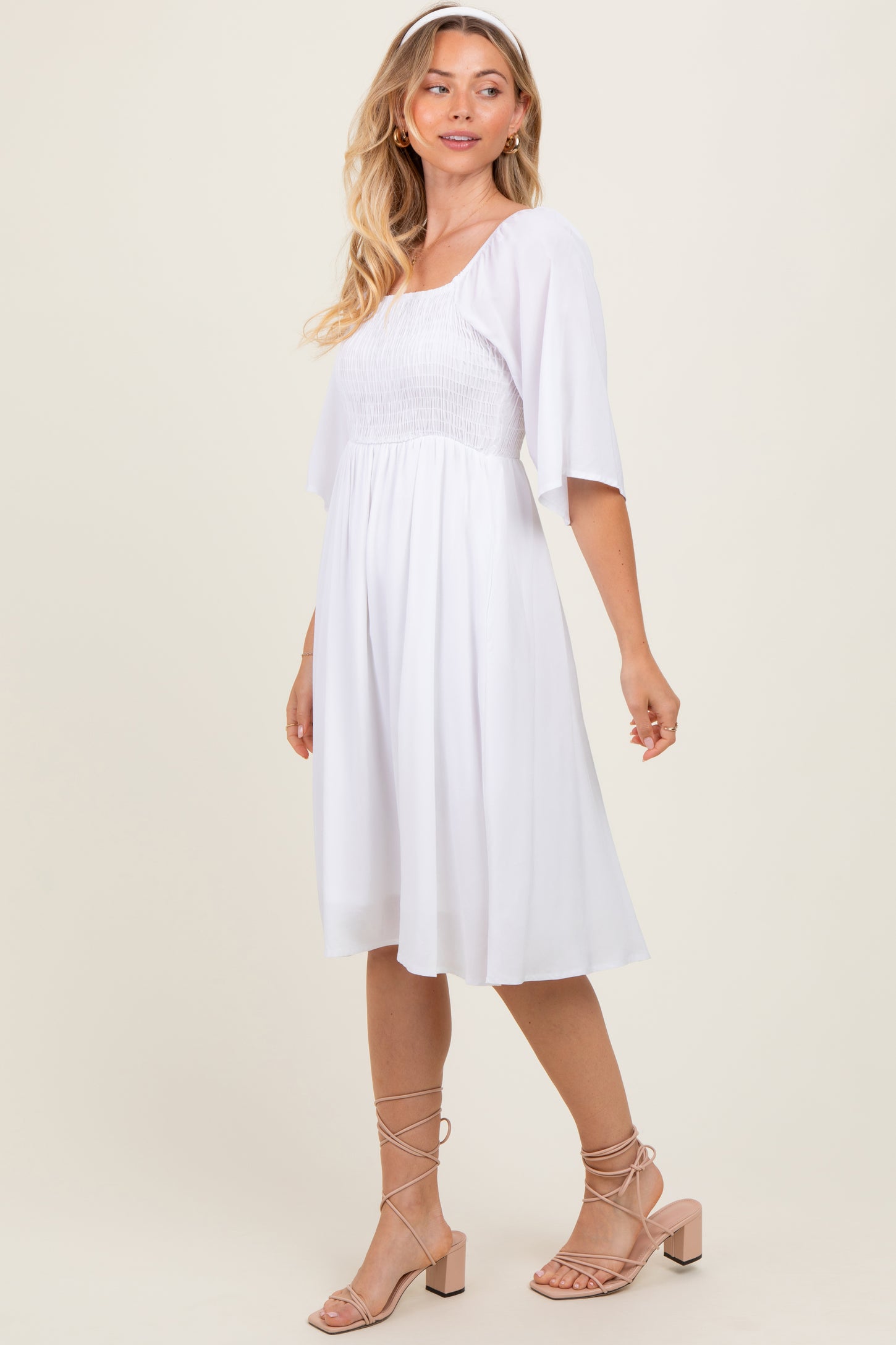 White Smocked Midi Dress