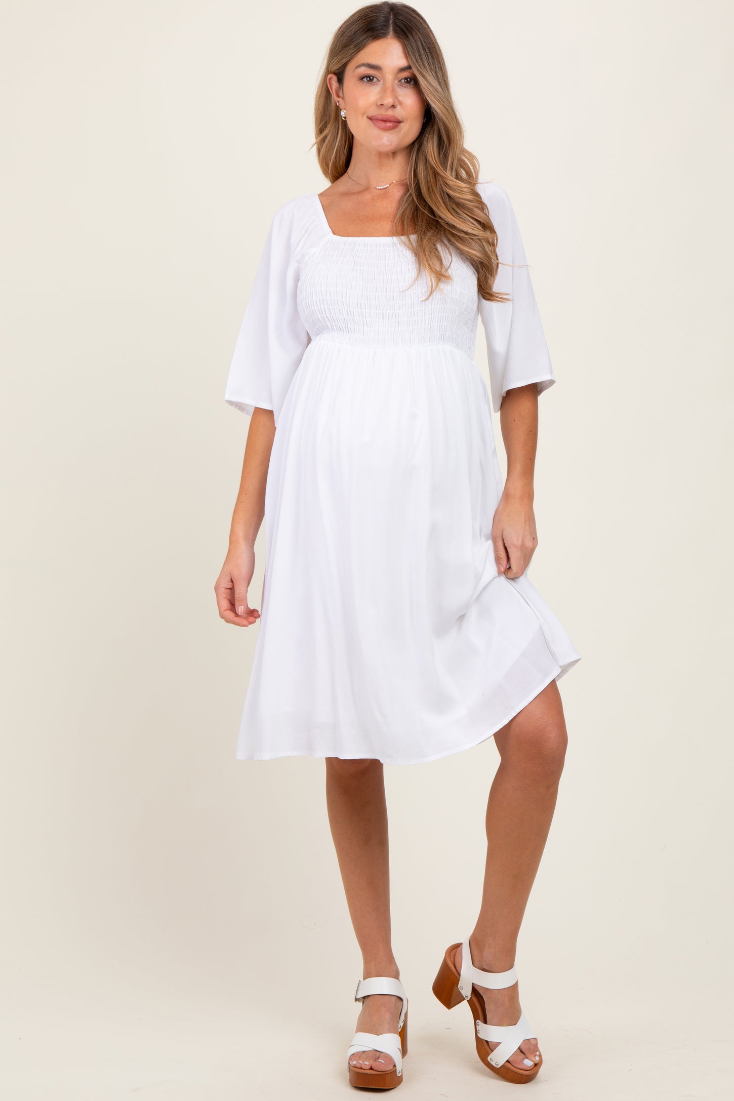 White Smocked Maternity Midi Dress