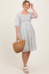 White Floral Smocked Midi Dress