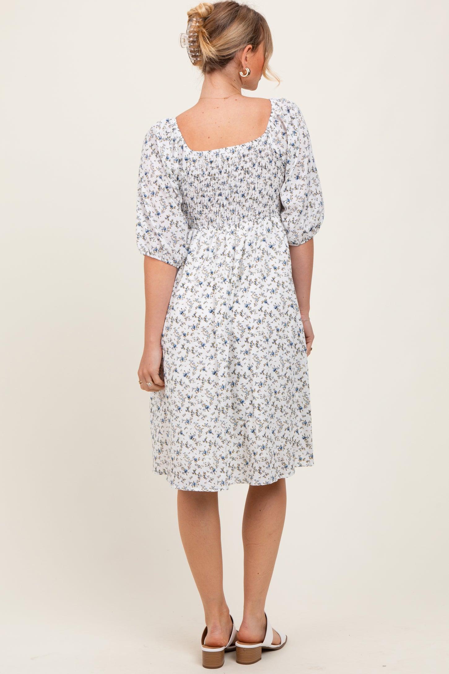 White Floral Smocked Midi Dress