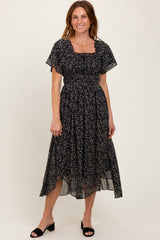 Black Floral Square Neck Front Tie Maternity Midi Dress