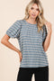Blue Textured Knit Striped Puff Sleeve Top