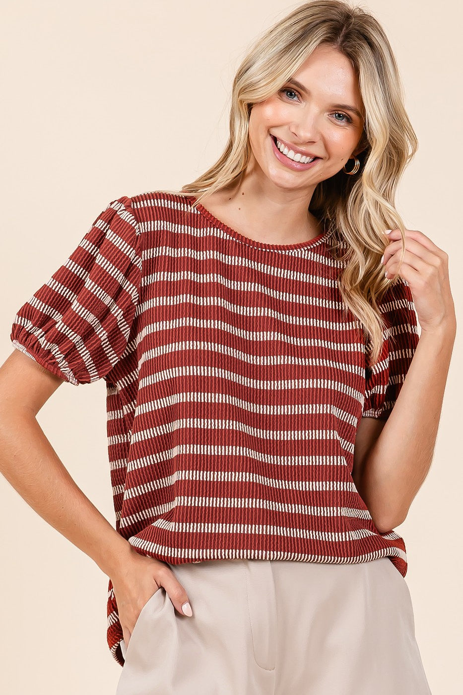 Rust Textured Knit Striped Puff Sleeve Maternity Top
