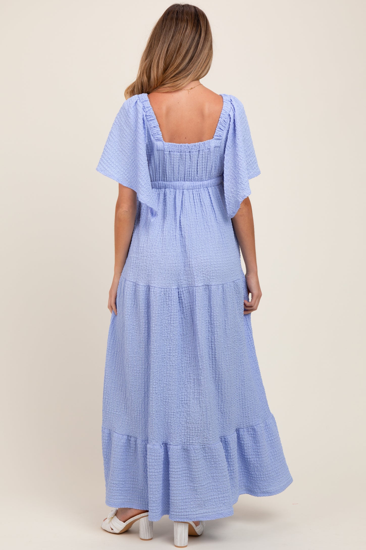 Light Blue Woven Textured Flutter Sleeve V-Neck Tiered Maternity Maxi Dress