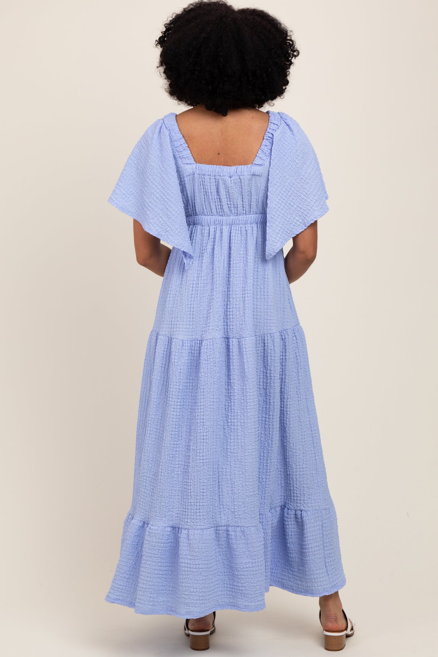 Light Blue Woven Textured Flutter Sleeve V-Neck Tiered Maxi Dress