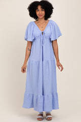 Light Blue Woven Textured Flutter Sleeve V-Neck Tiered Maternity Maxi Dress
