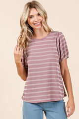 Pink Textured Knit Striped Puff Sleeve Maternity Top