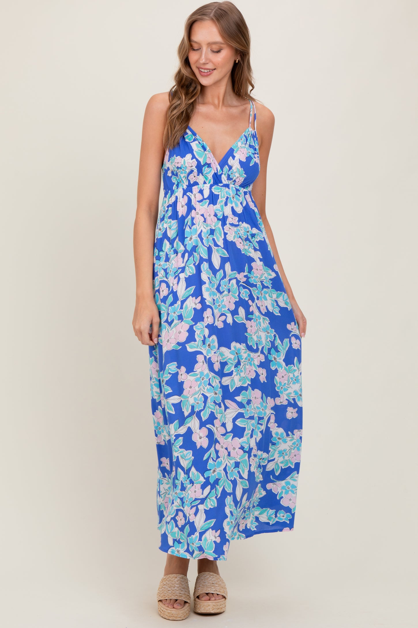 Blue Floral V-Neck Double Strap Maxi Dress