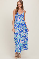 Blue Floral V-Neck Double Strap Maxi Dress
