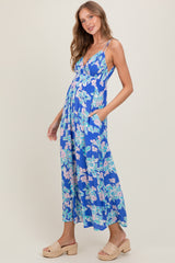 Blue Floral V-Neck Double Strap Maxi Dress