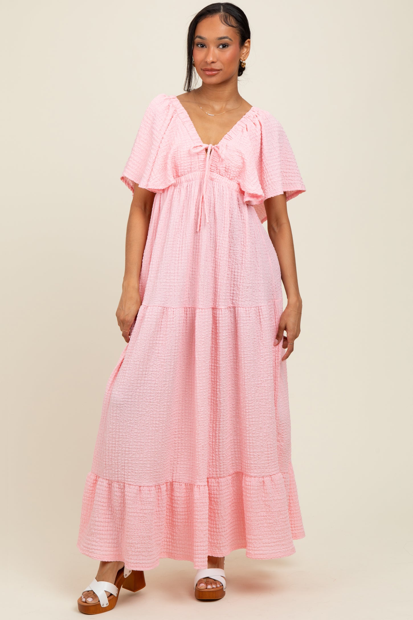 Light Pink Woven Textured Flutter Sleeve V-Neck Tiered Maxi Dress