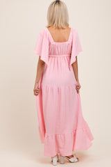 Light Pink Woven Textured Flutter Sleeve V-Neck Tiered Maternity Maxi Dress