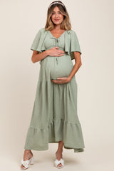 Sage Woven Textured Flutter Sleeve V-Neck Tiered Maternity Maxi Dress