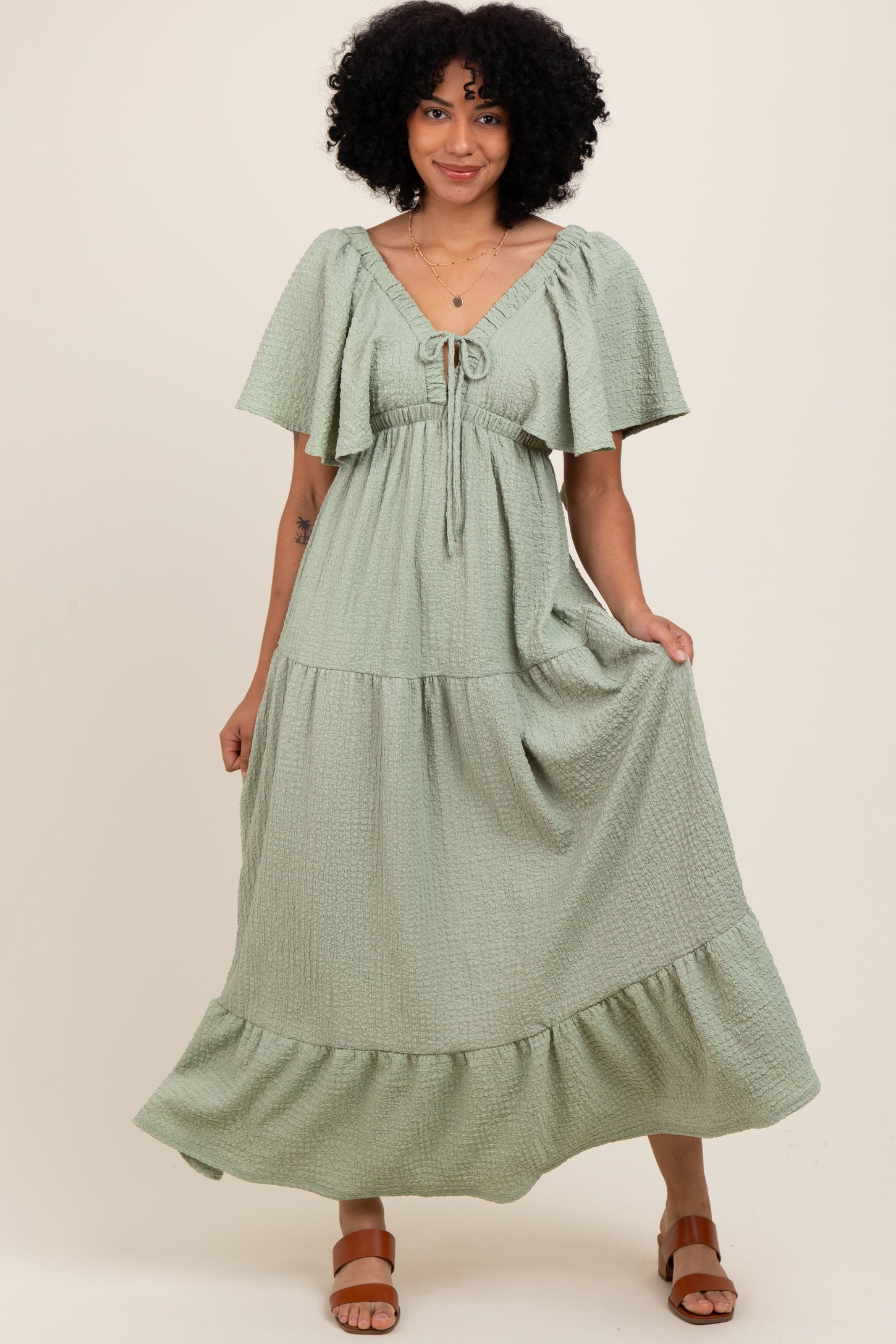 Sage Woven Textured Flutter Sleeve V-Neck Tiered Maternity Maxi Dress