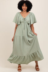 Sage Woven Textured Flutter Sleeve V-Neck Tiered Maxi Dress