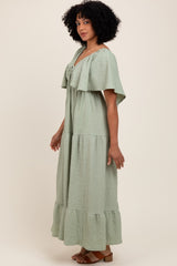 Sage Woven Textured Flutter Sleeve V-Neck Tiered Maxi Dress