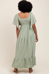 Sage Woven Textured Flutter Sleeve V-Neck Tiered Maxi Dress