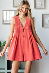 Coral Deep V-Neck Pleated Front Tie Sleeveless Romper