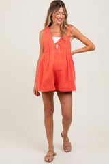 Coral Deep V-Neck Pleated Front Tie Sleeveless Maternity Romper