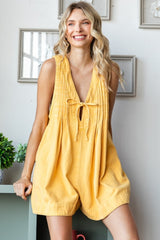 Yellow Deep V-Neck Pleated Front Tie Sleeveless Romper
