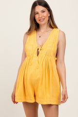 Yellow Deep V-Neck Pleated Front Tie Sleeveless Maternity Romper