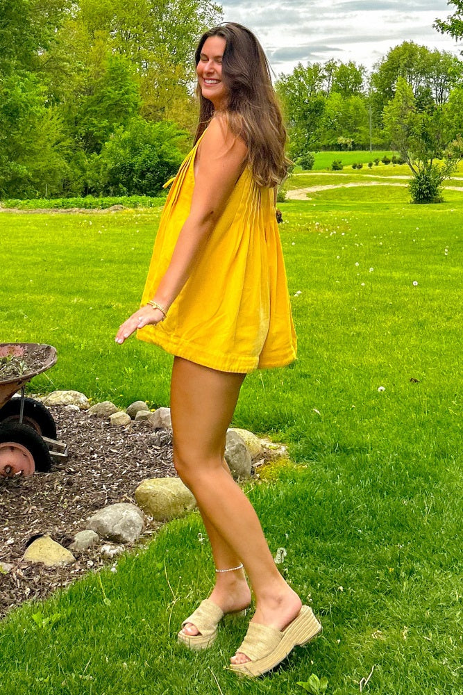 Yellow Deep V-Neck Pleated Front Tie Sleeveless Romper