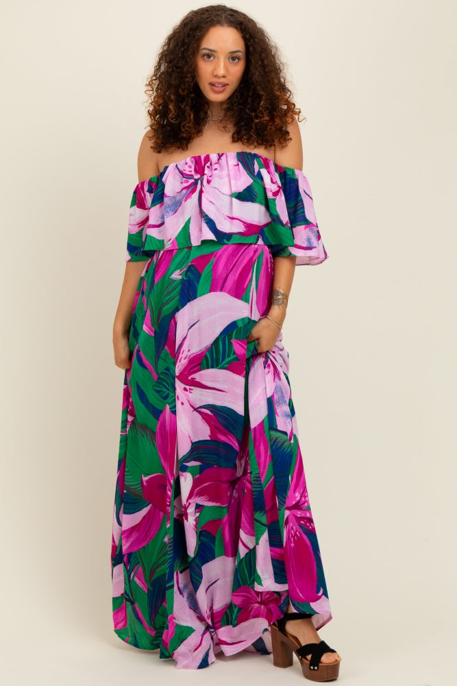 Purple Tropical Floral Off Shoulder Flounce Maternity Maxi Dress