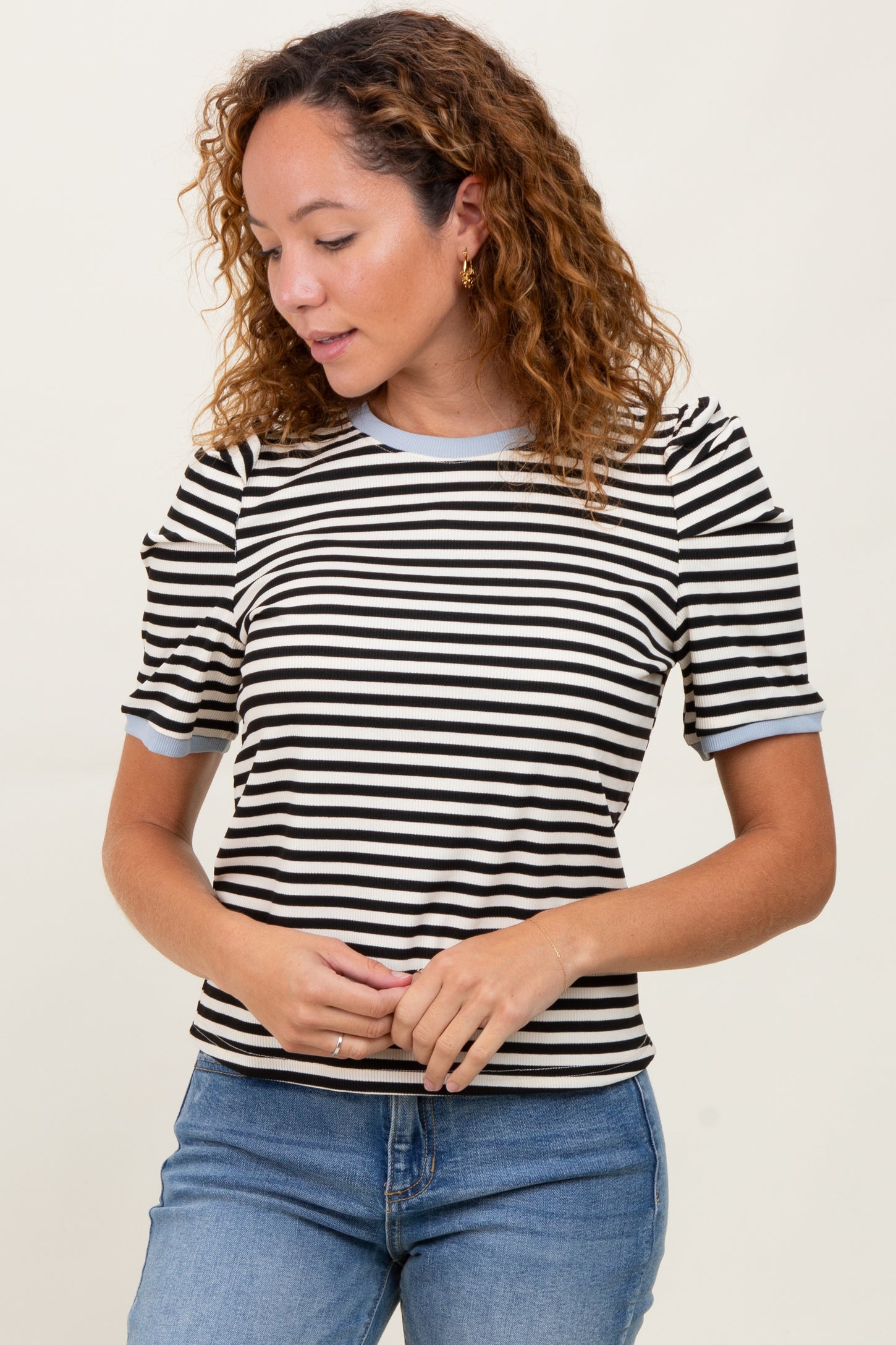 Black Striped Ribbed Puff Sleeve Maternity Top