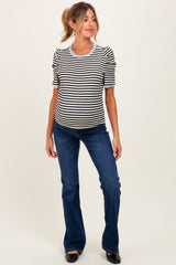 Black Striped Ribbed Puff Sleeve Maternity Top