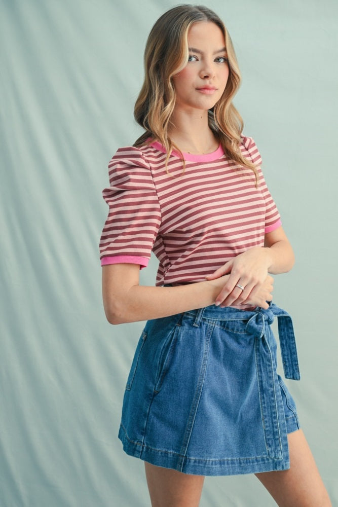 Burgundy Striped Ribbed Puff Sleeve Top