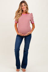 Burgundy Striped Ribbed Puff Sleeve Maternity Top
