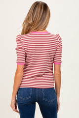 Burgundy Striped Ribbed Puff Sleeve Maternity Top