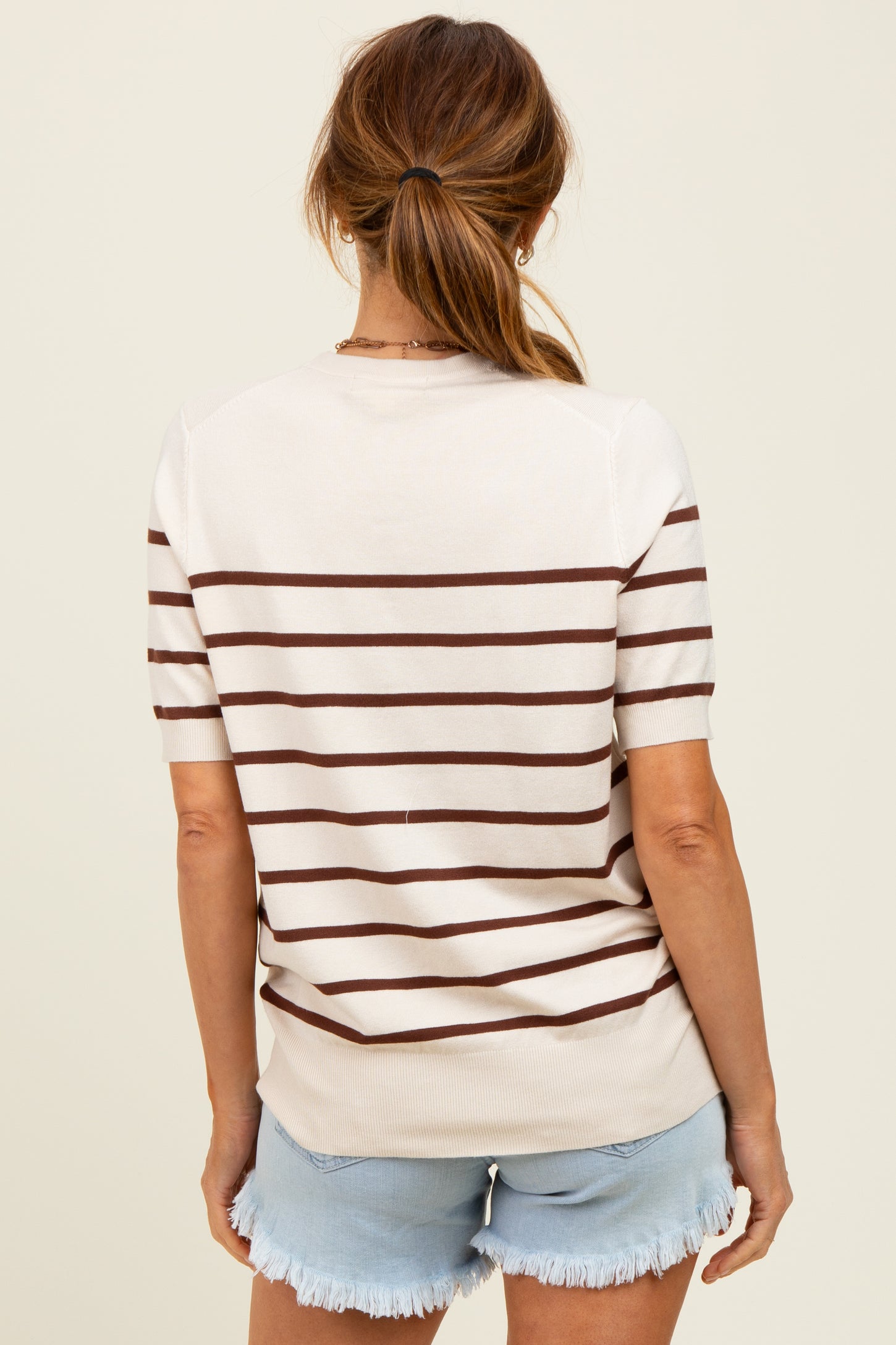Brown Striped Knit Short Sleeve Top