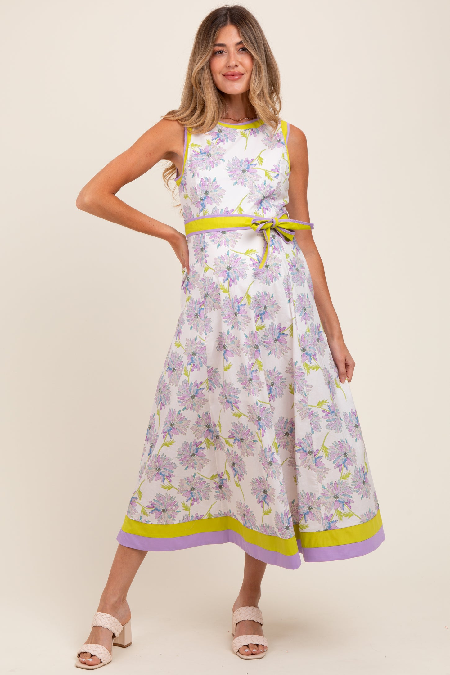 Lavender Floral Sleeveless Sash Tie Maternity Midi Dress