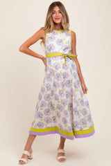 Lavender Floral Sleeveless Sash Tie Maternity Midi Dress