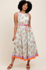 Orange Floral Sleeveless Sash Tie Midi Dress